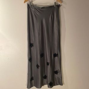 Sisley Long Grey Silky Skirt with Flocked Flower Details